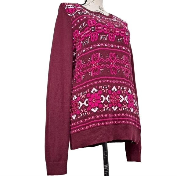 Talbots Pink Lambswool Womens Fair isle knit Crew Neck Beaded crystal sweater M - Picture 10 of 16